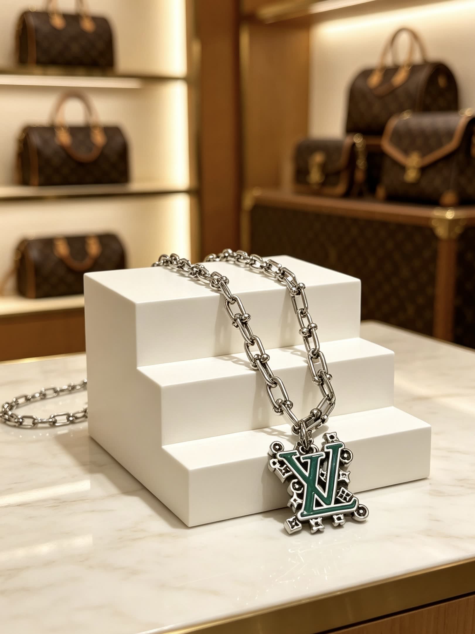 Louis Vuitton Silver Tone Chain Necklace with LV Pendant